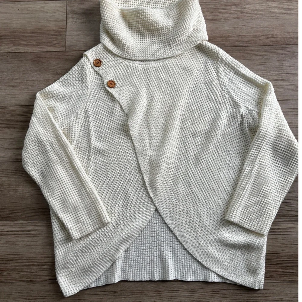 Kate & Sam Ivory Waffle Knit Wrap Front Button Turtleneck Sweater XXL Womens